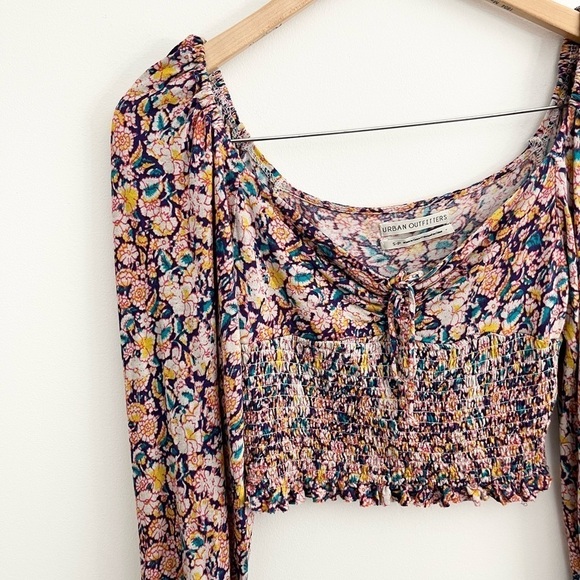 UO Old Soul Smocked Cropped Puff Long Sleeve Tie Blouse - Picture 9 of 11